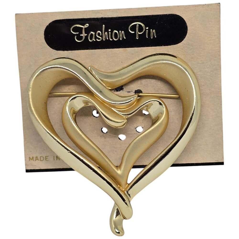 Vintage Gold Tone Double Heart Brooch Pin – Swirl Openwork Design Fashion Jewelr